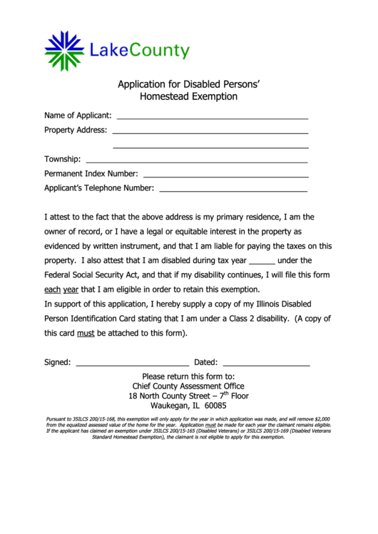 Application For Disabled Persons Homestead Exemption Form Lake 