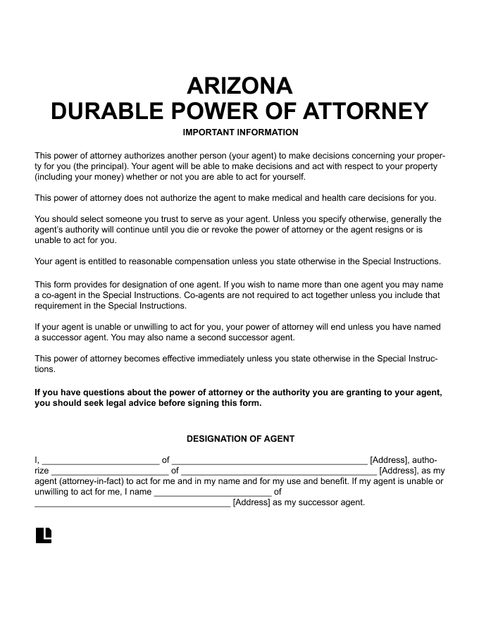 Arizona Durable Power Of Attorney Form PDF Word