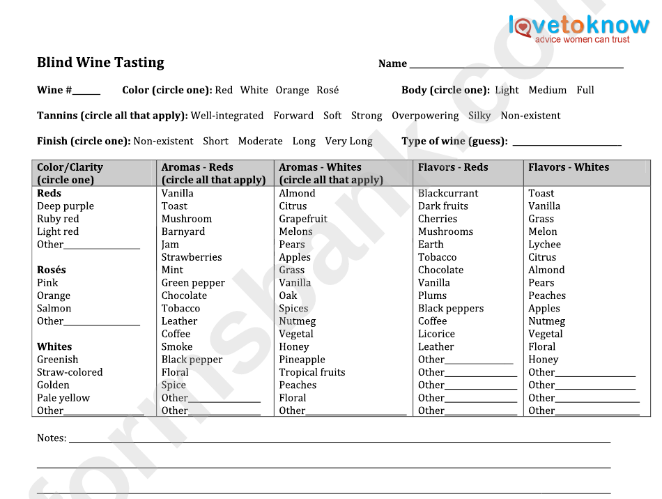 Blind Wine Tasting Sheet Printable Pdf Download