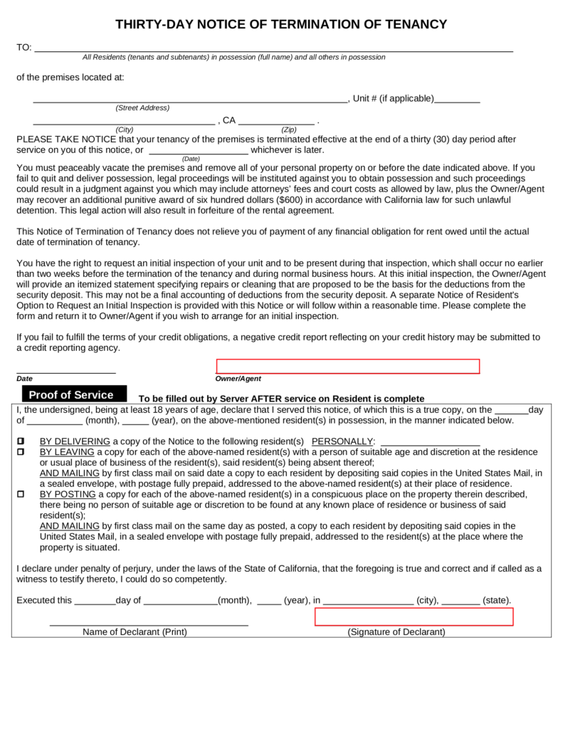 California Lease Termination Letter Form 30 Day Notice EForms