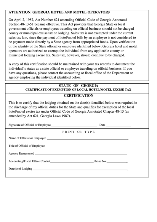 Certificate Of Exemption Of Local Hotel motel Excise Tax Form Printable