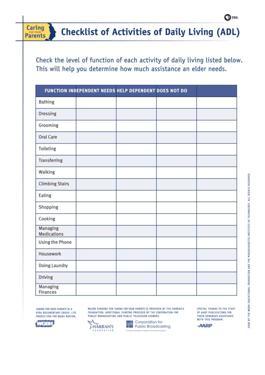 Checklist Of Activities Of Daily Living Adl Pbs Printable Pdf Download