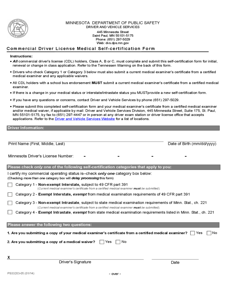 Commercial Driver License Medical Self certification Form Minnesota 