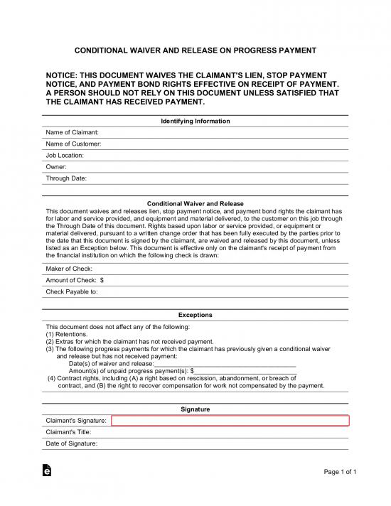 Conditional Contractor s Mechanic s Lien Release Form EForms