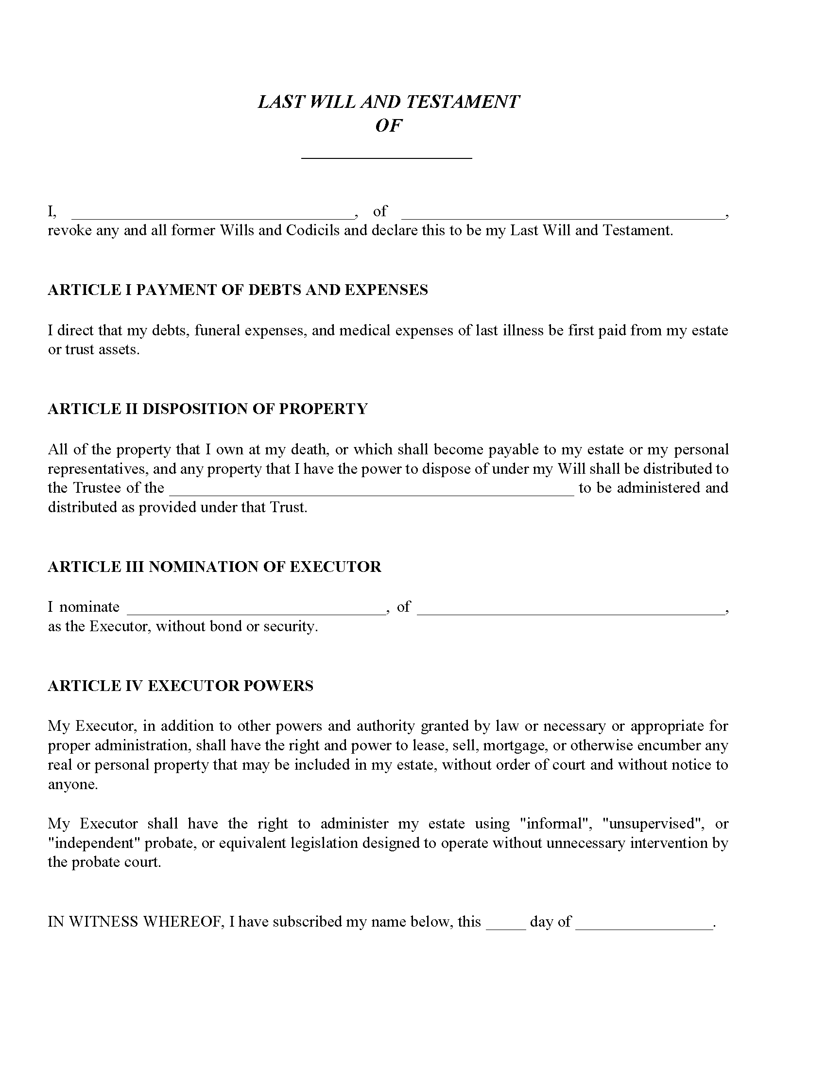 Connecticut Pour Over Will Form Free Printable Legal Forms