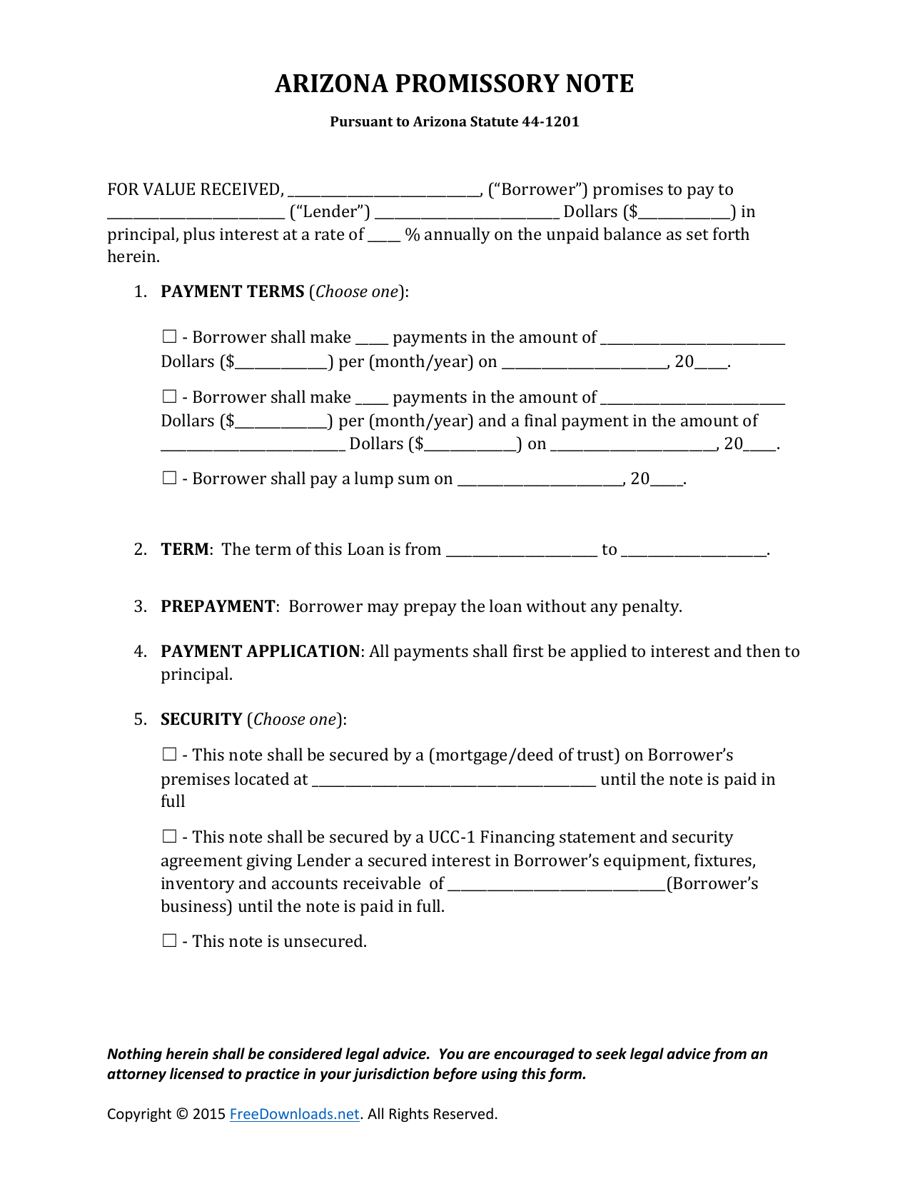 Download Arizona Promissory Note Form PDF RTF Word 