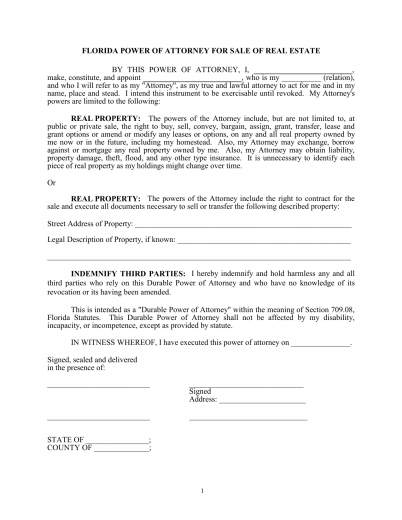 Download Florida Real Estate Power Of Attorney Form PDF 