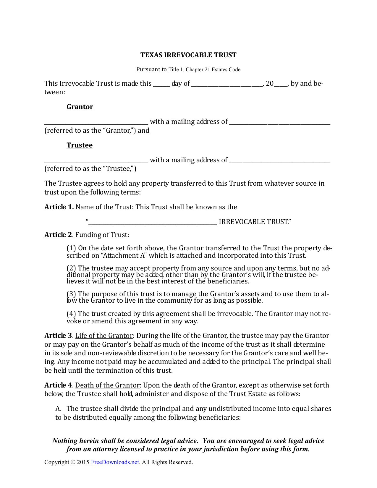 Download Texas Irrevocable Living Trust Form PDF RTF Word 