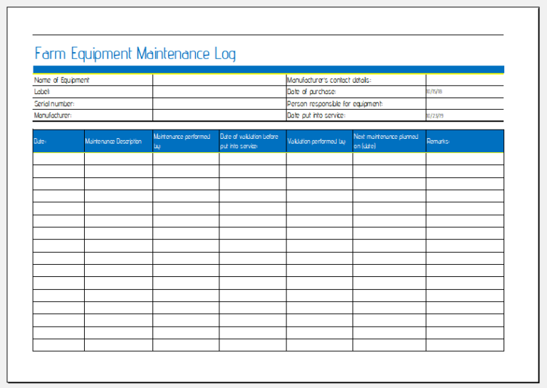 Farm Equipment Maintenance Sheet For MS Excel Excel Templates