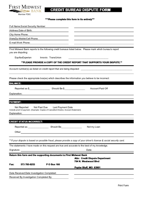 Fillable Credit Bureau Dispute Form Printable Pdf Download