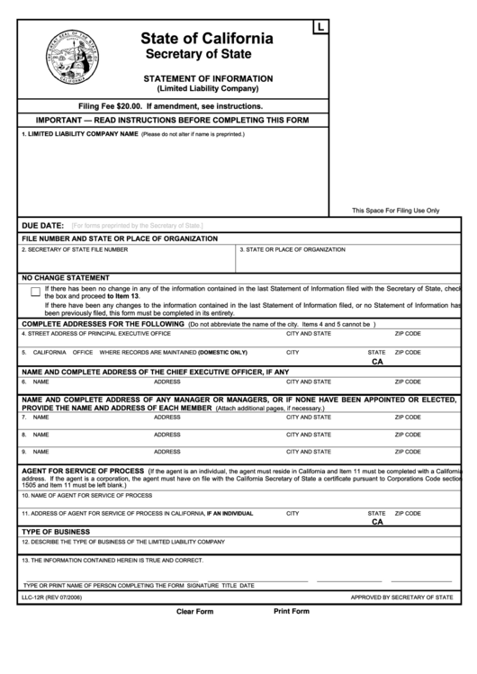 Fillable Form Llc 12r Statement Of Information Limited Liability