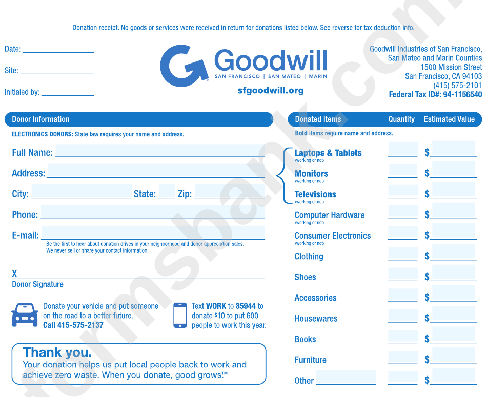 Fillable Goodwill Of San Francisco Donation Receipt Printable Pdf