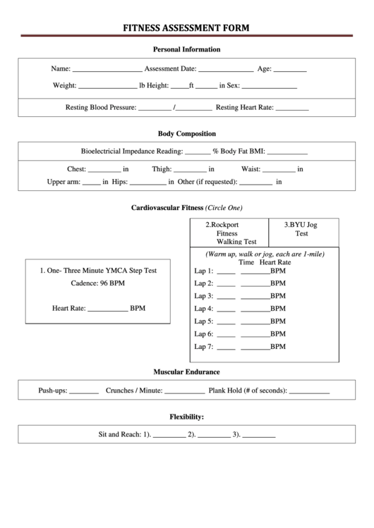 Fitness Assessment Form Printable Pdf Download