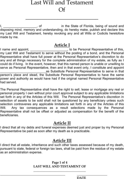 Florida Last Will And Testament Form Last Will And Testament Will 