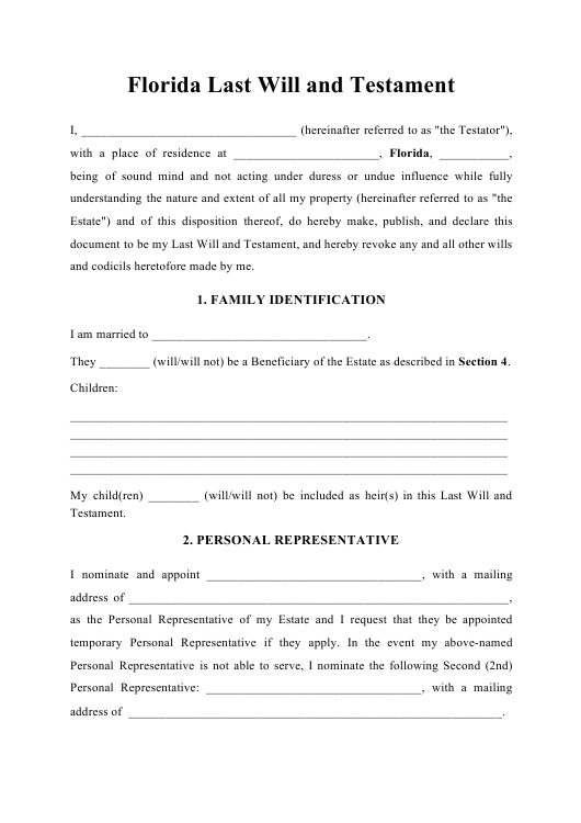 Florida Last Will And Testament Template Download Printable PDF
