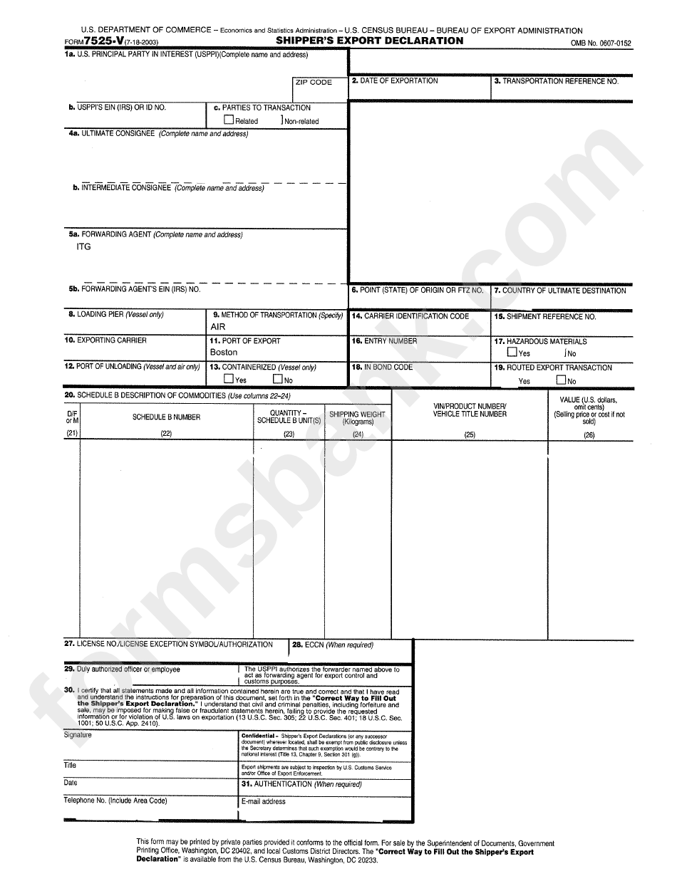 Form 7525 V Shipper S Export Declaration Printable Pdf Download