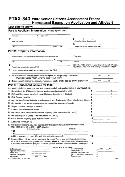 Form Ptax 340 Senior Citizens Assessment Freeze Homestead Exemption