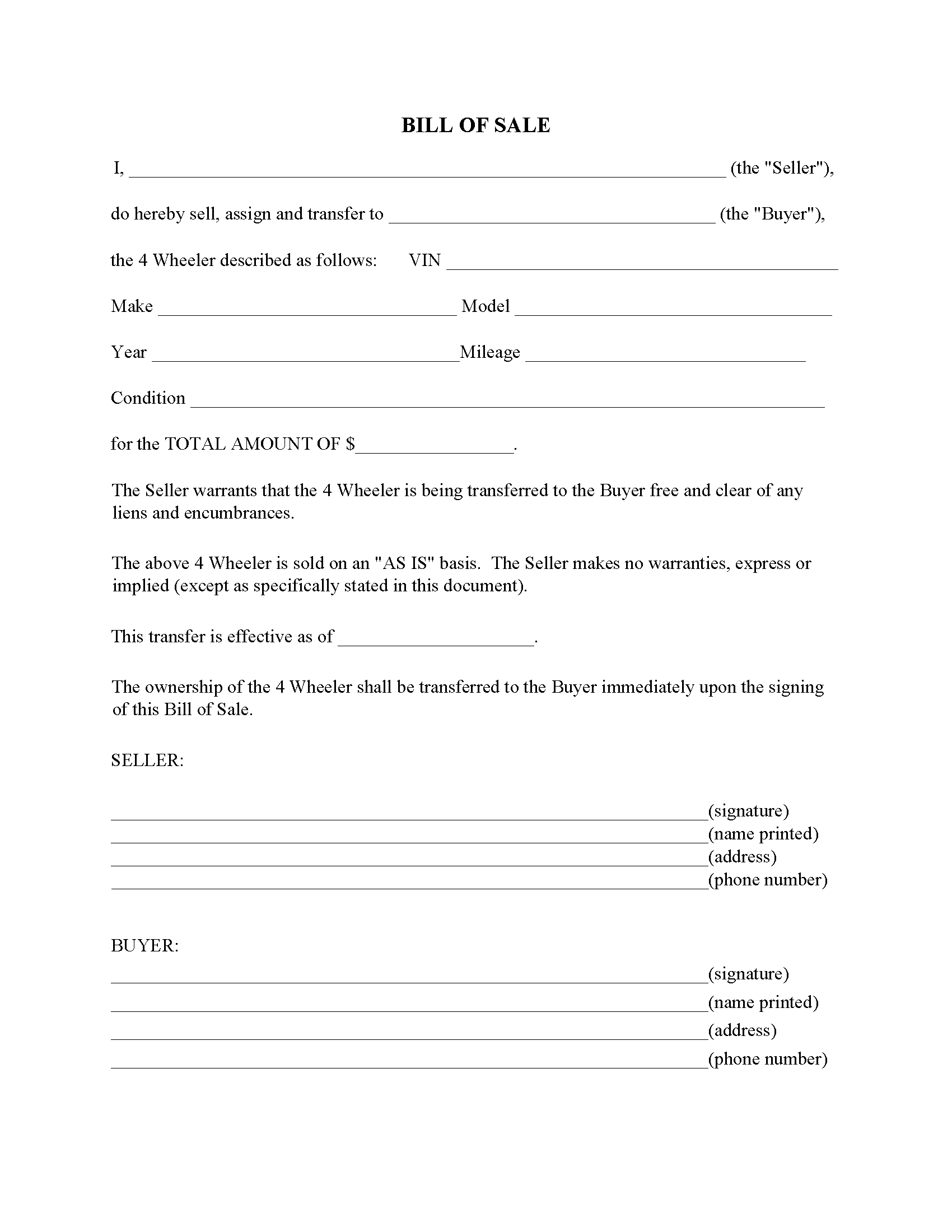 Four Wheeler Bill Of Sale Form Free Printable Legal Forms