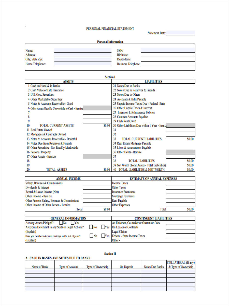 FREE 8 Personal Financial Statement Forms In PDF Ms Word Excel