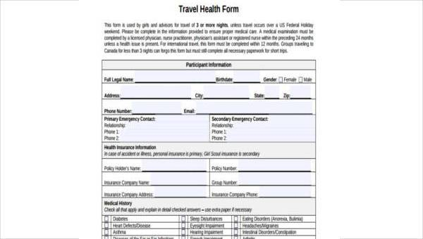 FREE 9 Sample Travel Health Forms In PDF MS Word