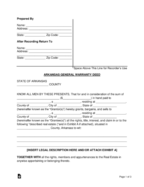 Free Arkansas General Warranty Deed Form Word PDF EForms