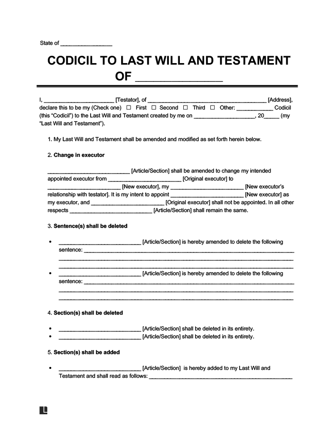 Free Codicil To Will Form Printable PDF Word Legal Templates