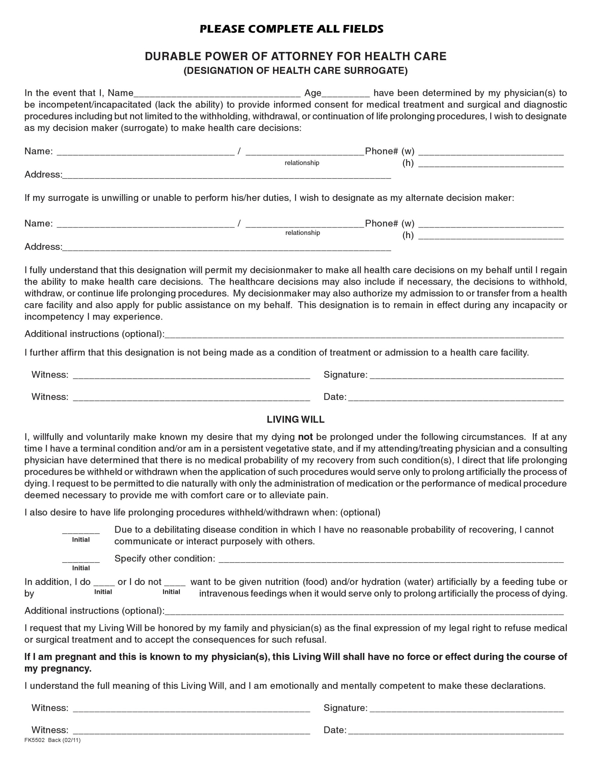 Free Florida Durable Power Of Attorney For Health Care Form Living