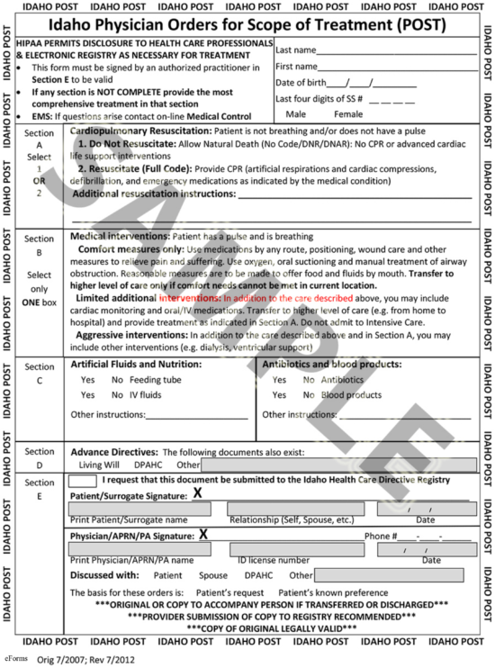 Free Idaho Do Not Resuscitate DNR Order Form PDF EForms