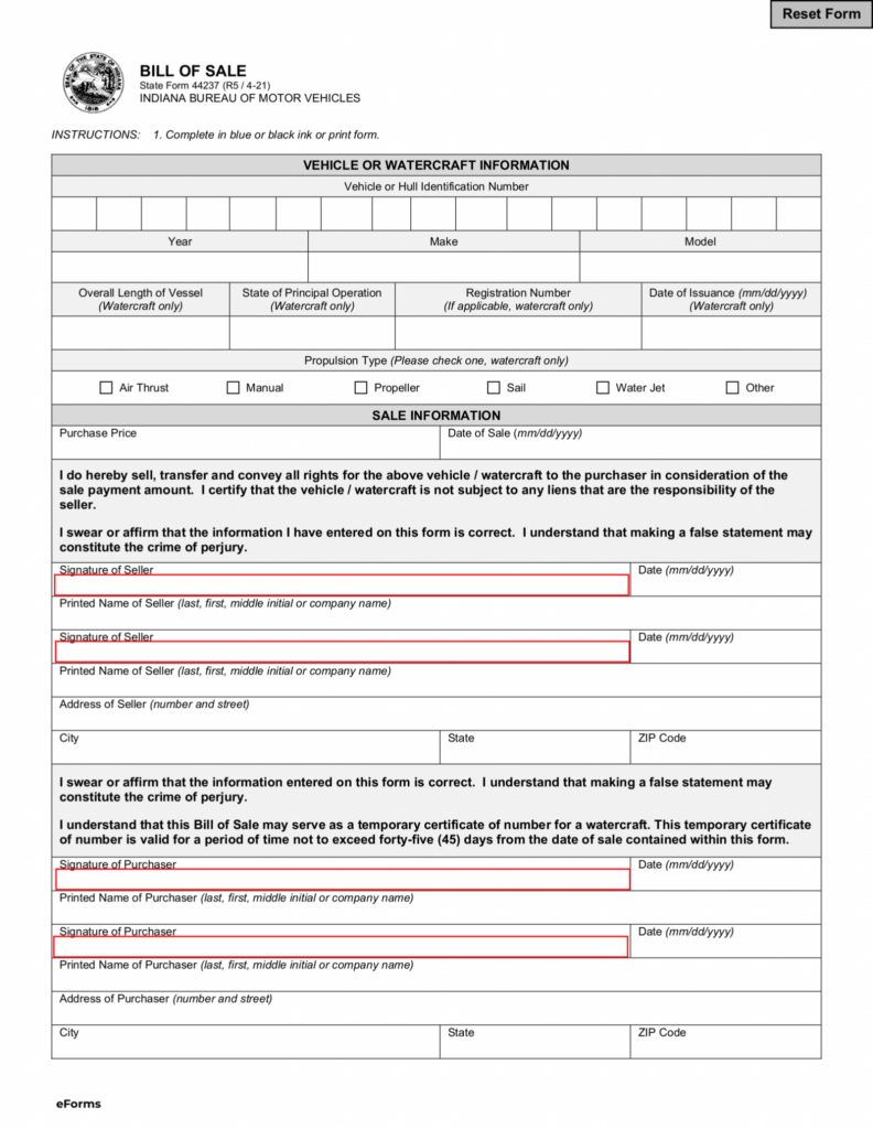 Free Indiana Motor Vehicle Bill Of Sale Form 44237 PDF EForms