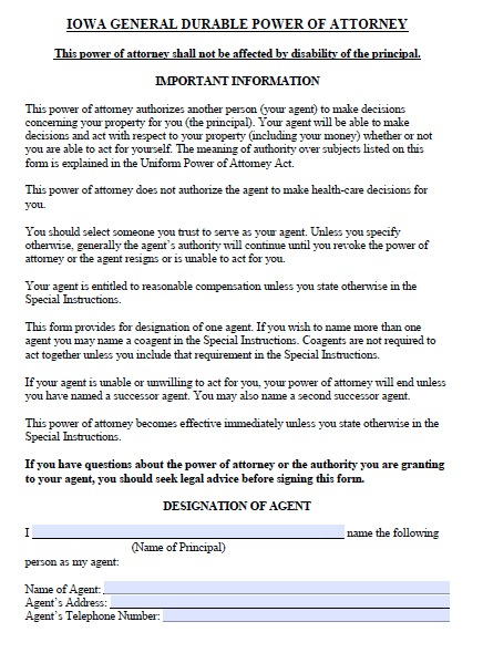 Free Iowa Durable Power Of Attorney Form PDF Template