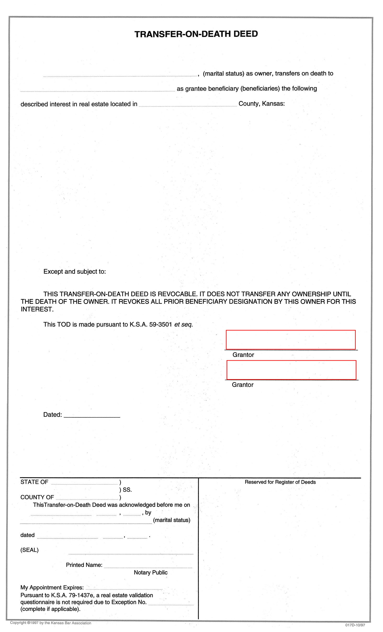 Free Kansas Transfer On Death Deed Form PDF EForms