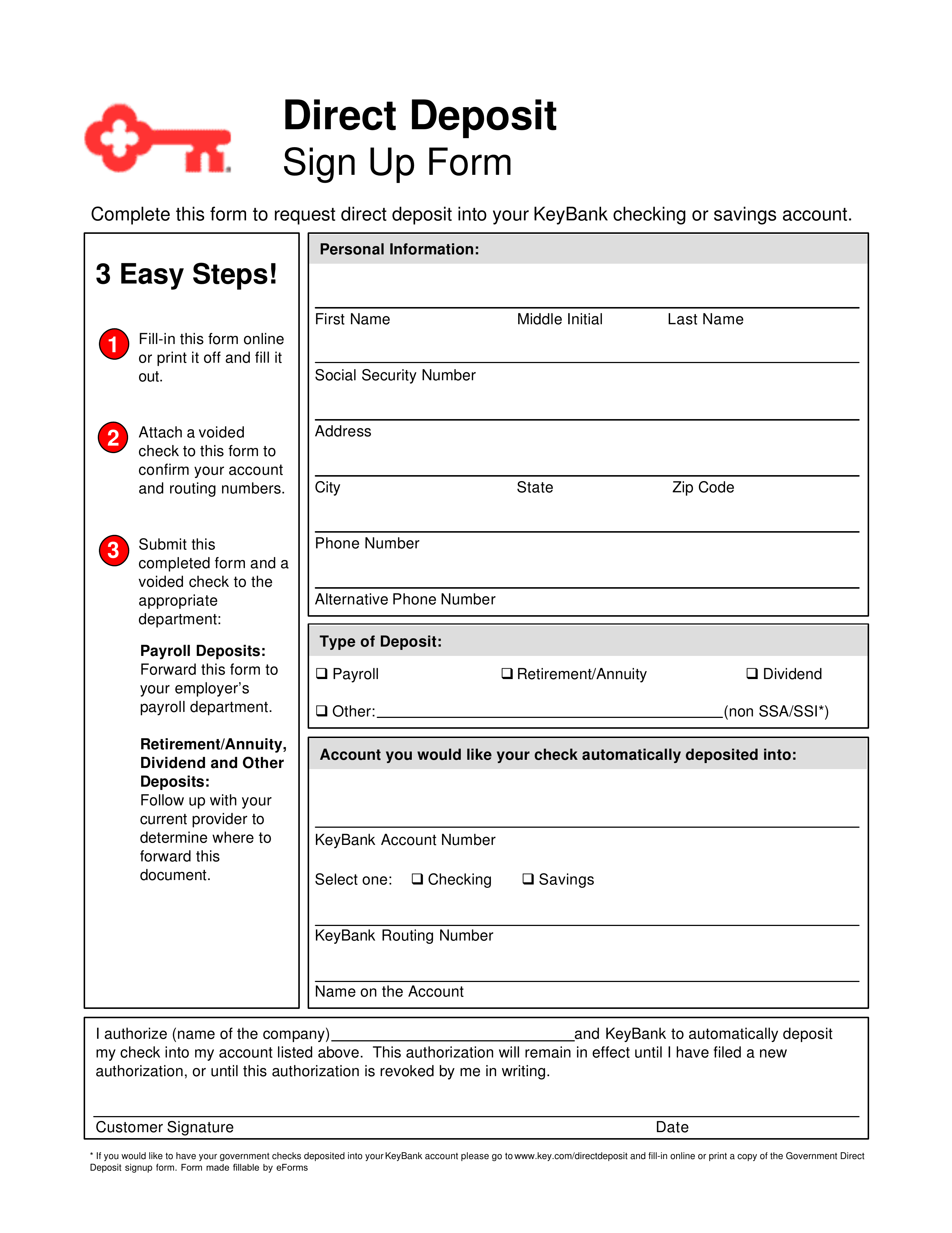 Free Key Bank Direct Deposit Authorization Form PDF EForms