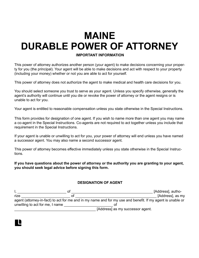 Free Maine ME Durable Power Of Attorney Form PDF Word