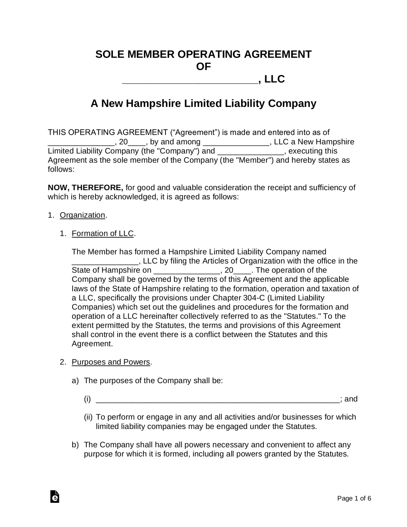 Free New Hampshire Single Member LLC Operating Agreement Form PDF 