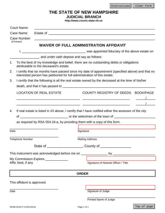 Free New Hampshire Small Estate Affidavit Form NHJB 2144 P PDF EForms