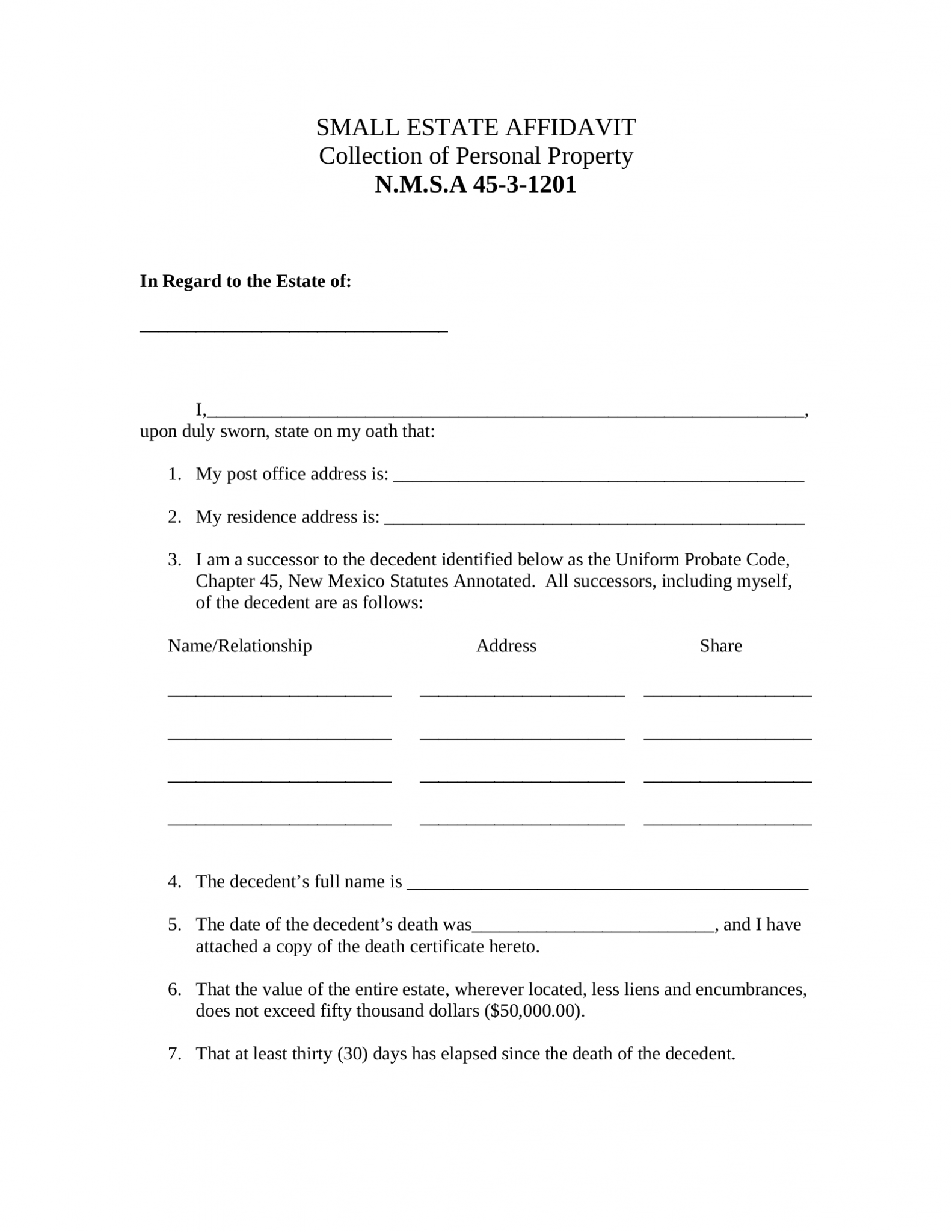 Free New Mexico Small Estate Affidavit Form PDF EForms