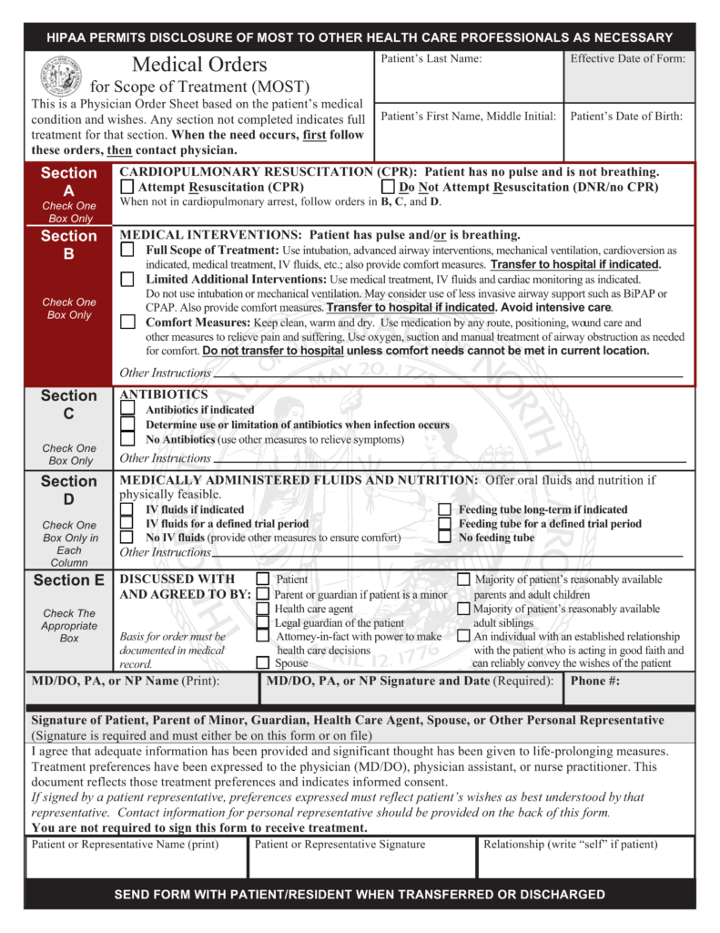 Free North Carolina Do Not Resuscitate DNR Order Form PDF EForms