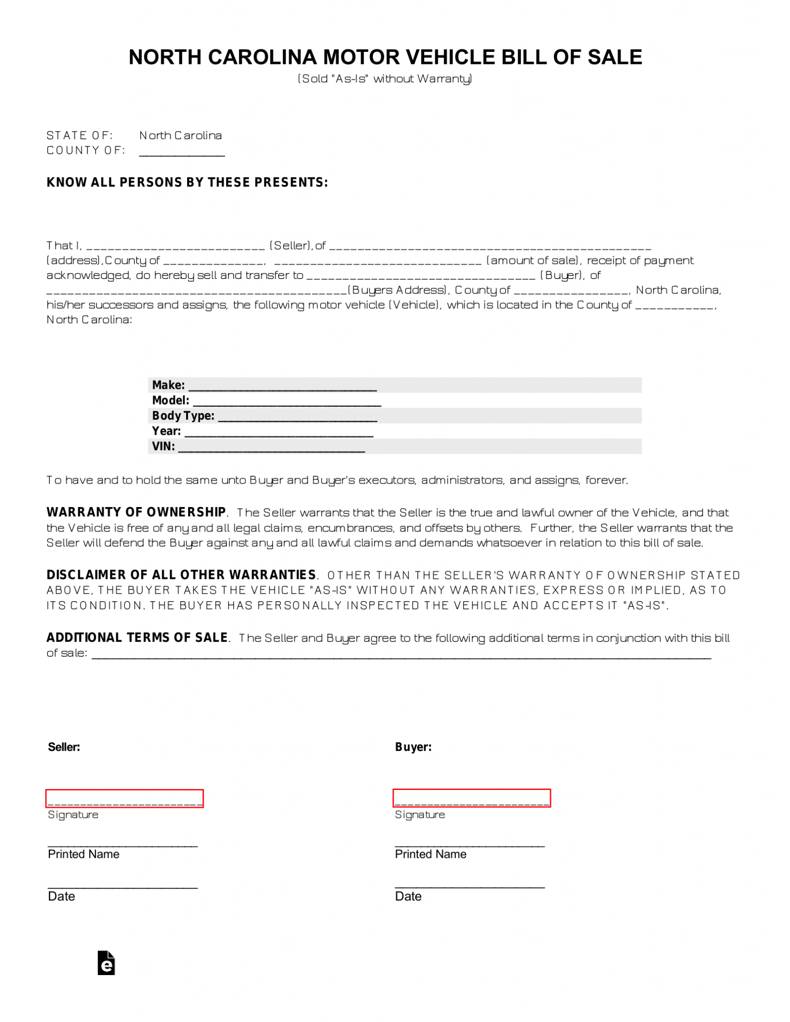 Free North Carolina Motor Vehicle Bill Of Sale Form PDF EForms