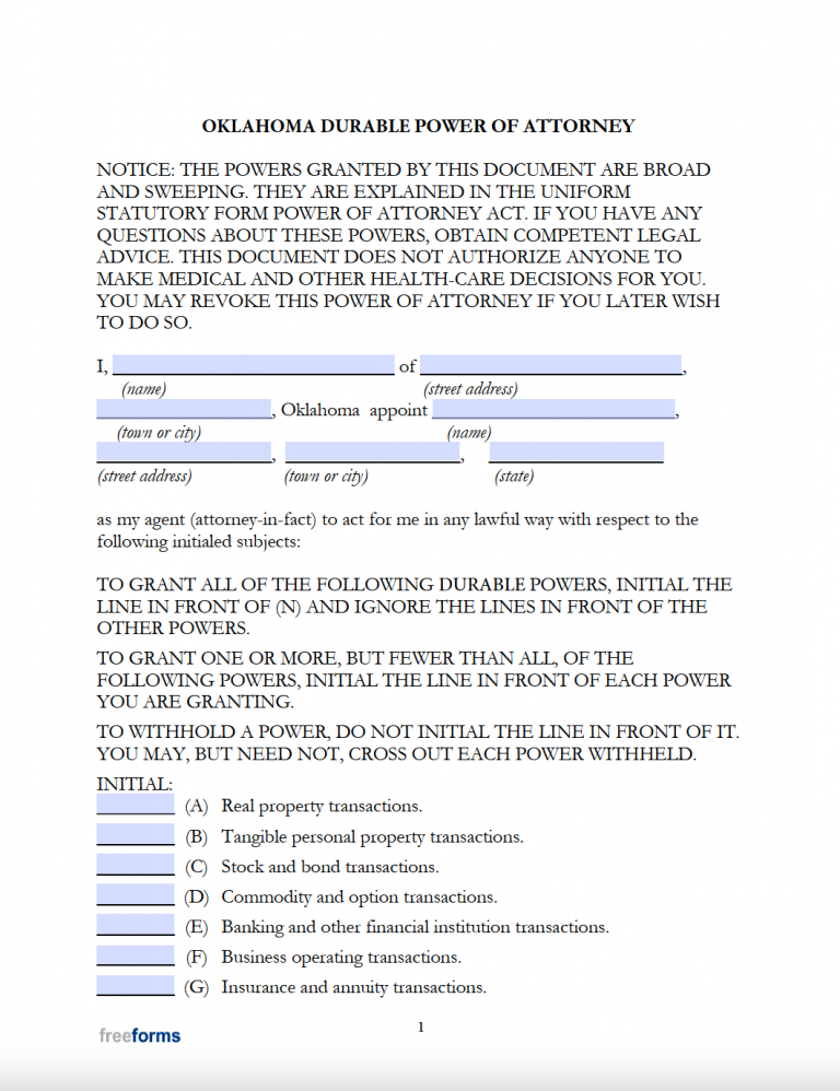 Free Oklahoma Durable Financial Power Of Attorney Form PDF WORD