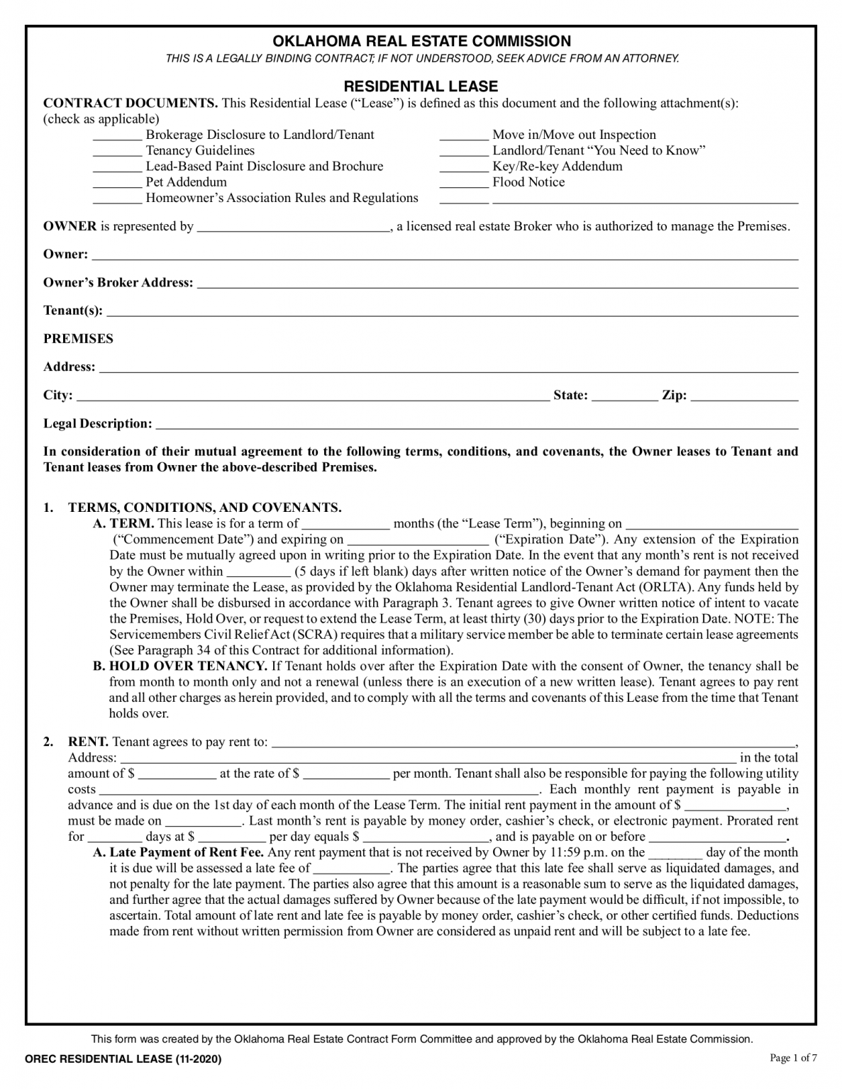 Free Oklahoma Real Estate Commission Residential Lease Agreement PDF