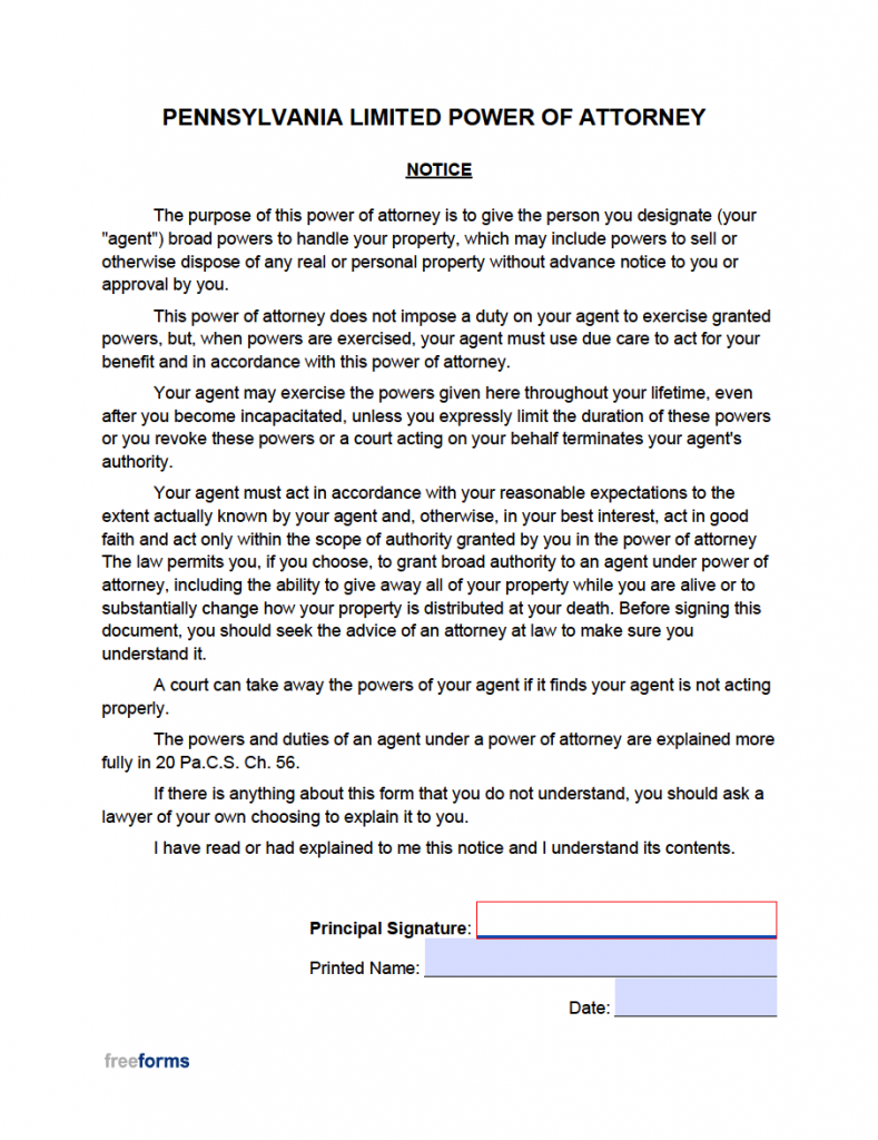 Free Pennsylvania Limited Special Power Of Attorney Form PDF WORD