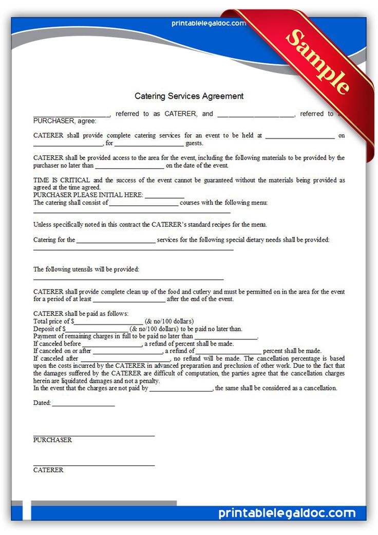 Free Printable Catering Services Agreement Form GENERIC Catering