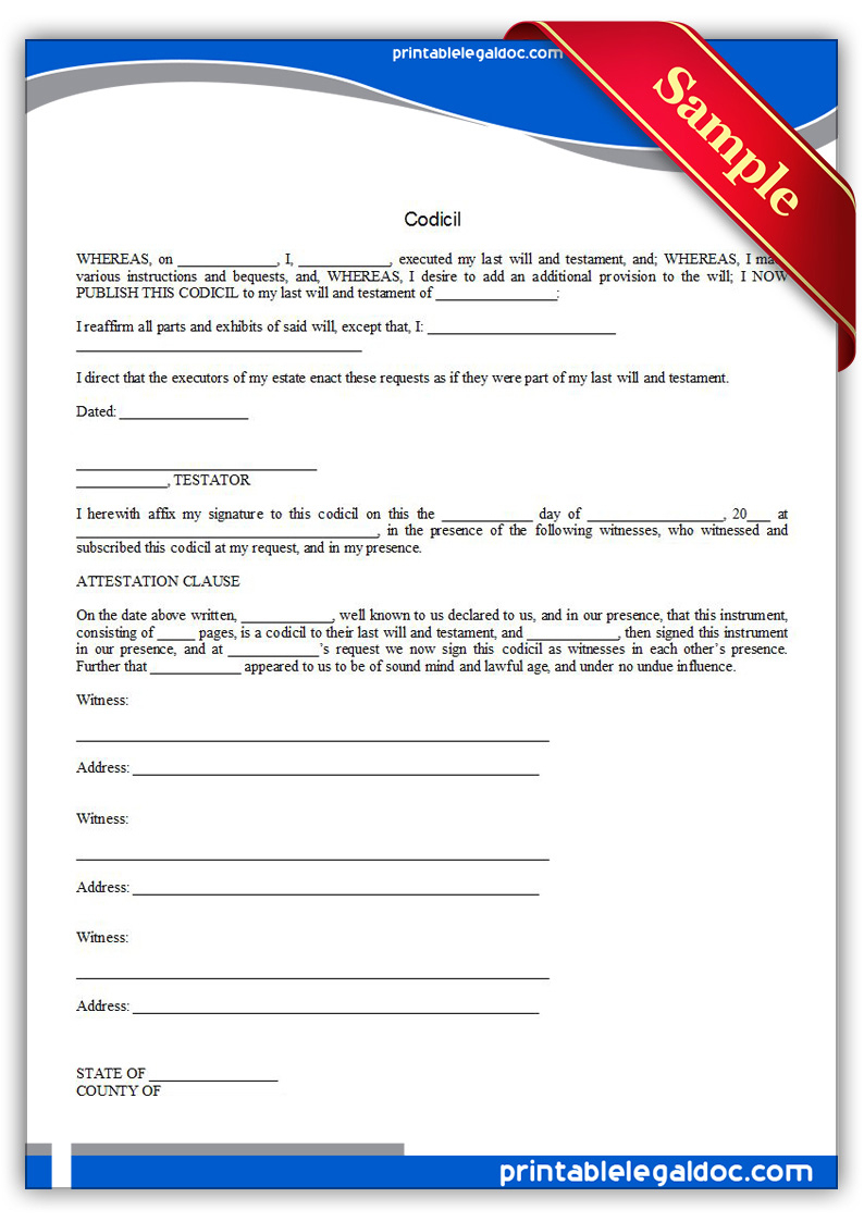 Free Printable Codicil Form GENERIC 