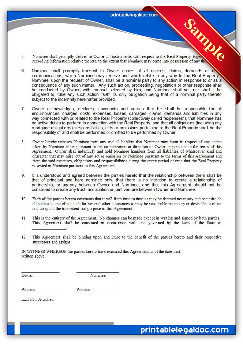 Free Printable Nominee Agreement Form GENERIC 