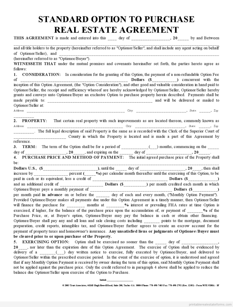 Free Printable Option Agreement Form PDF WORD 