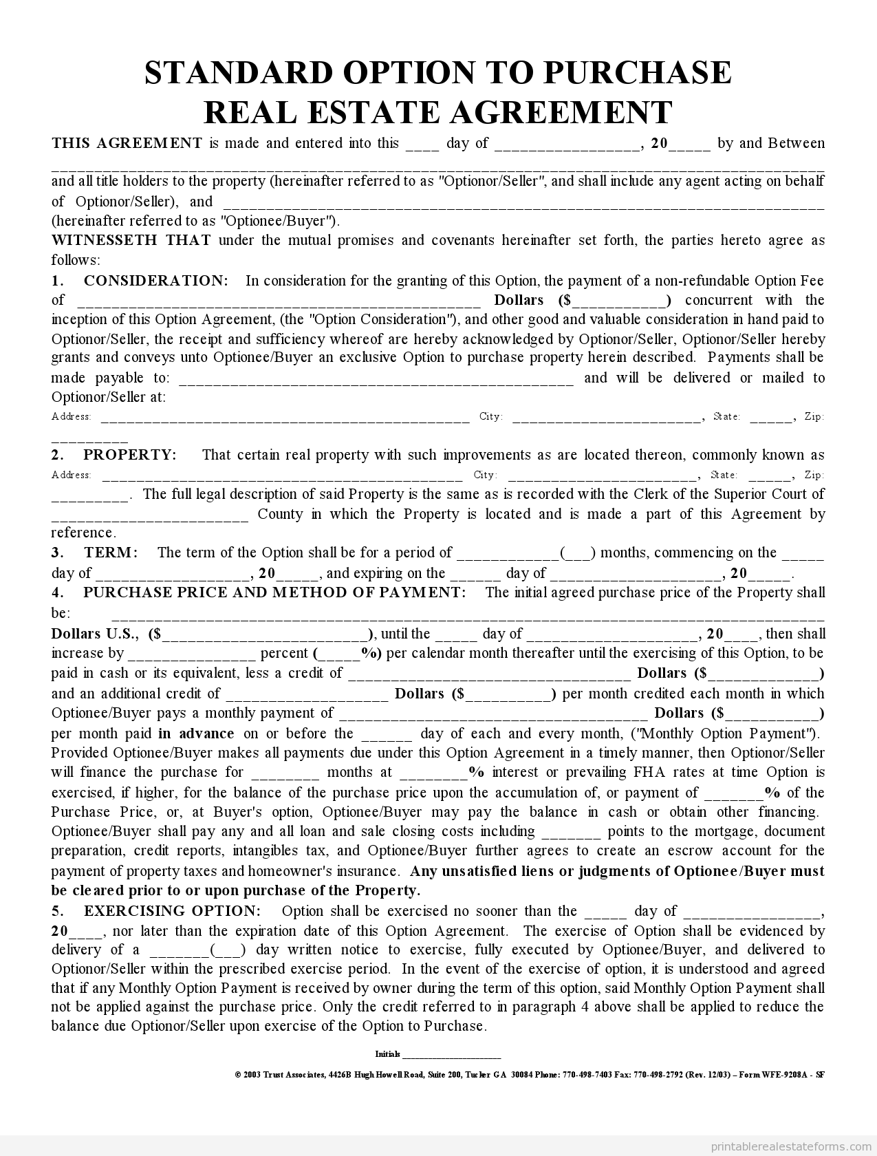 Free Printable Option Agreement Form PDF WORD 