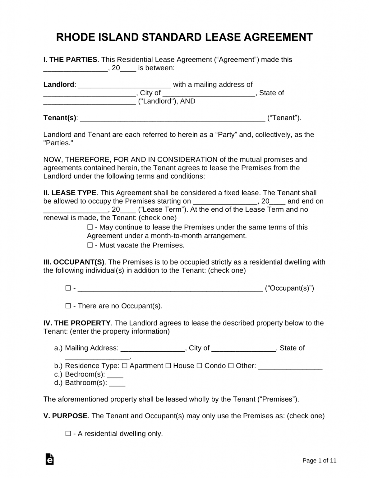 Free Rhode Island Standard Residential Lease Agreement PDF Word