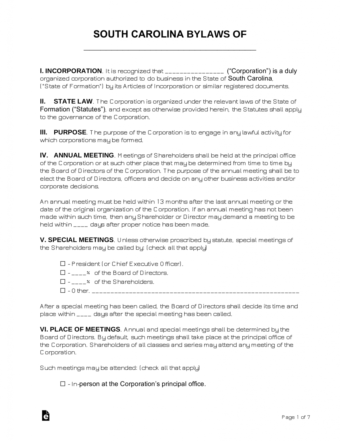 Free South Carolina Corporate Bylaws Template PDF Word EForms