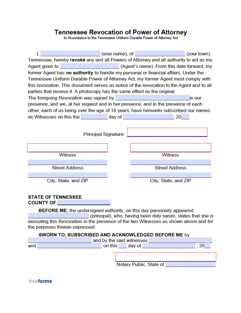 Free Tennessee Revocation Of Power Of Attorney Form PDF WORD