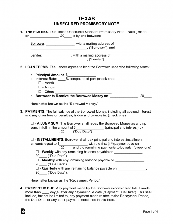 Free Texas Unsecured Promissory Note Template Word PDF EForms